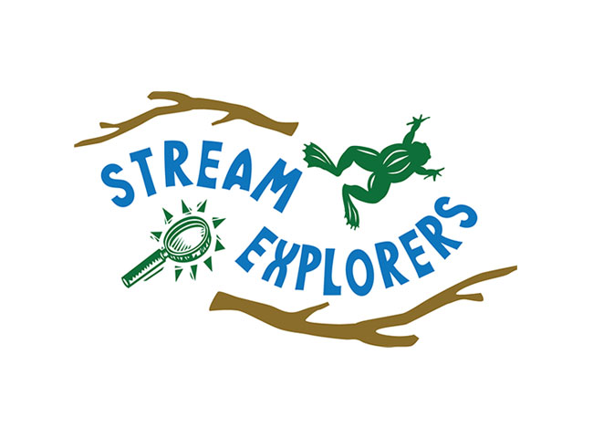 Stream Explorers logo with magnifying glass, jumping frog, with a frame of  branches