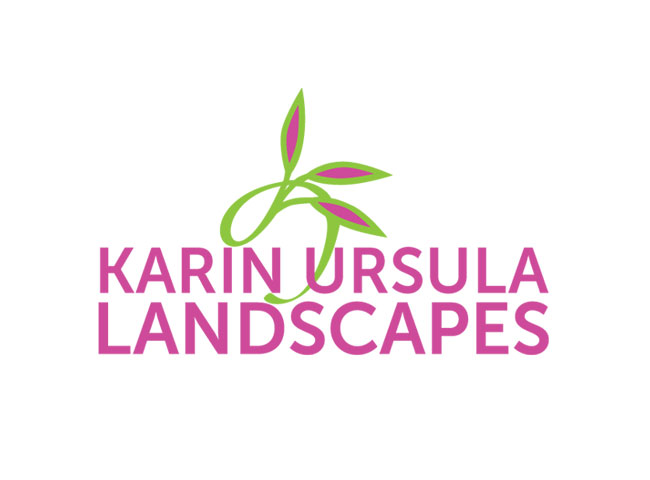 logo for a landscape artist with pink lettering and a floral sprig