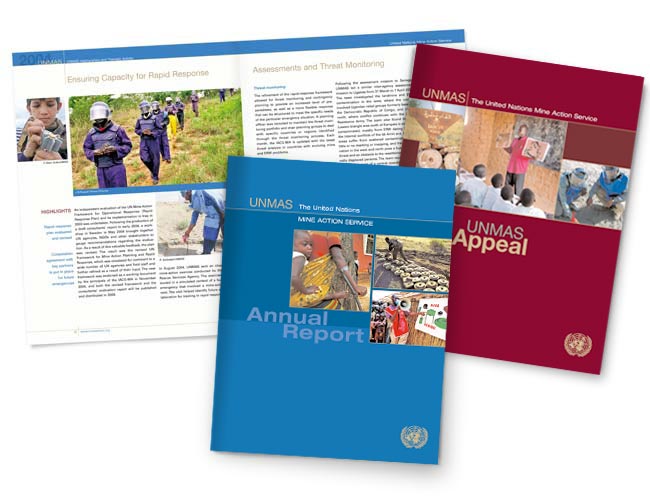 UN Mine Action Service brochures with images of landmine removal